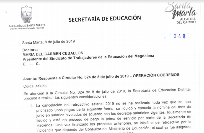 Secretaría de educación del Distrito, envía oficio al Sindicato de Trabajadores de la Educación del Magdalena, para dar respuesta al asunto relacionado con “operación Cobremos”. Secretaría de educación del Distrito, envía oficio al Sindicato de Trabajadores de la Educación del Magdalena, para dar respuesta al asunto relacionado con “operación Cobremos”.
