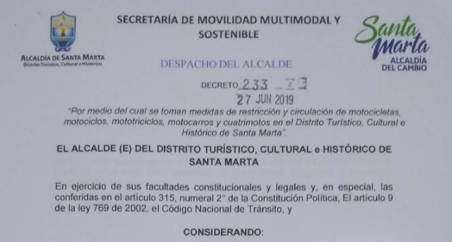 Alcaldía de Santa Marta adopta medida de restricción de circulación de motos el día 28 de junio, entre las cuatro de la tarde hasta las doce de la noche Alcaldía de Santa Marta adopta medida de restricción de circulación de motos el día 28 de junio, entre las cuatro de la tarde hasta las doce de la noche