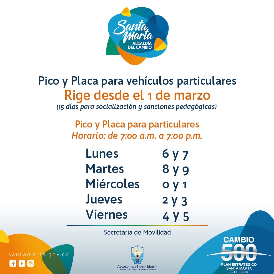 Con rotación de dígitos, Alcaldía de Santa Marta renueva ‘Pico y Placa’ para vehículos particulares Con rotación de dígitos, Alcaldía de Santa Marta renueva ‘Pico y Placa’ para vehículos particulares