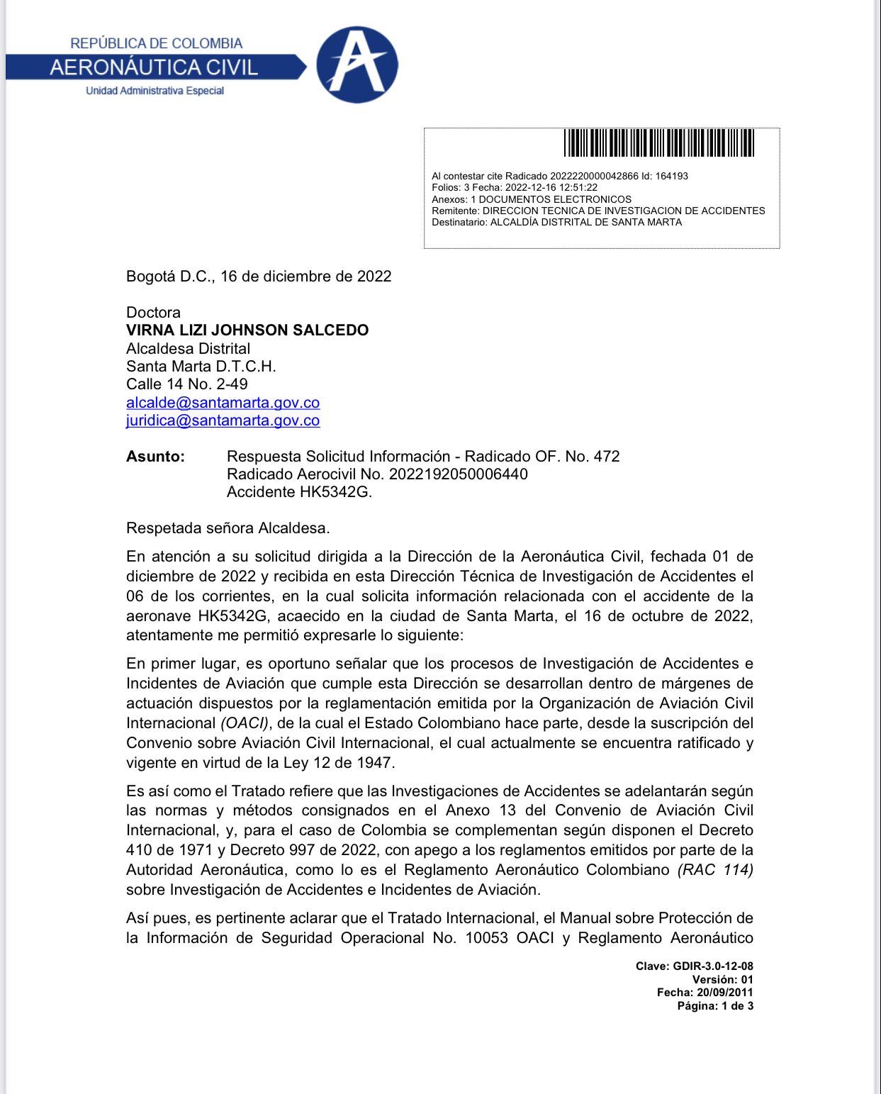 Alcaldesa solicitó a la Aerocivil información sobre avance de investigación por accidente de aeronave en el aeropuerto de Santa Marta