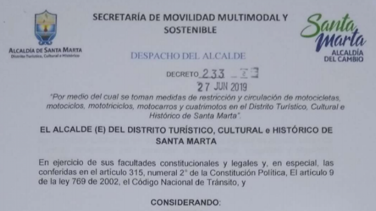 Alcaldía de Santa Marta adopta medida de restricción de circulación de motos el día 28 de junio, entre las cuatro de la tarde hasta las doce de la noche