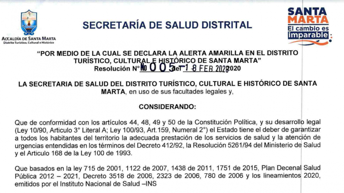 Secretaría de Salud declara alerta amarilla en Santa Marta con ocasión de los carnavales
