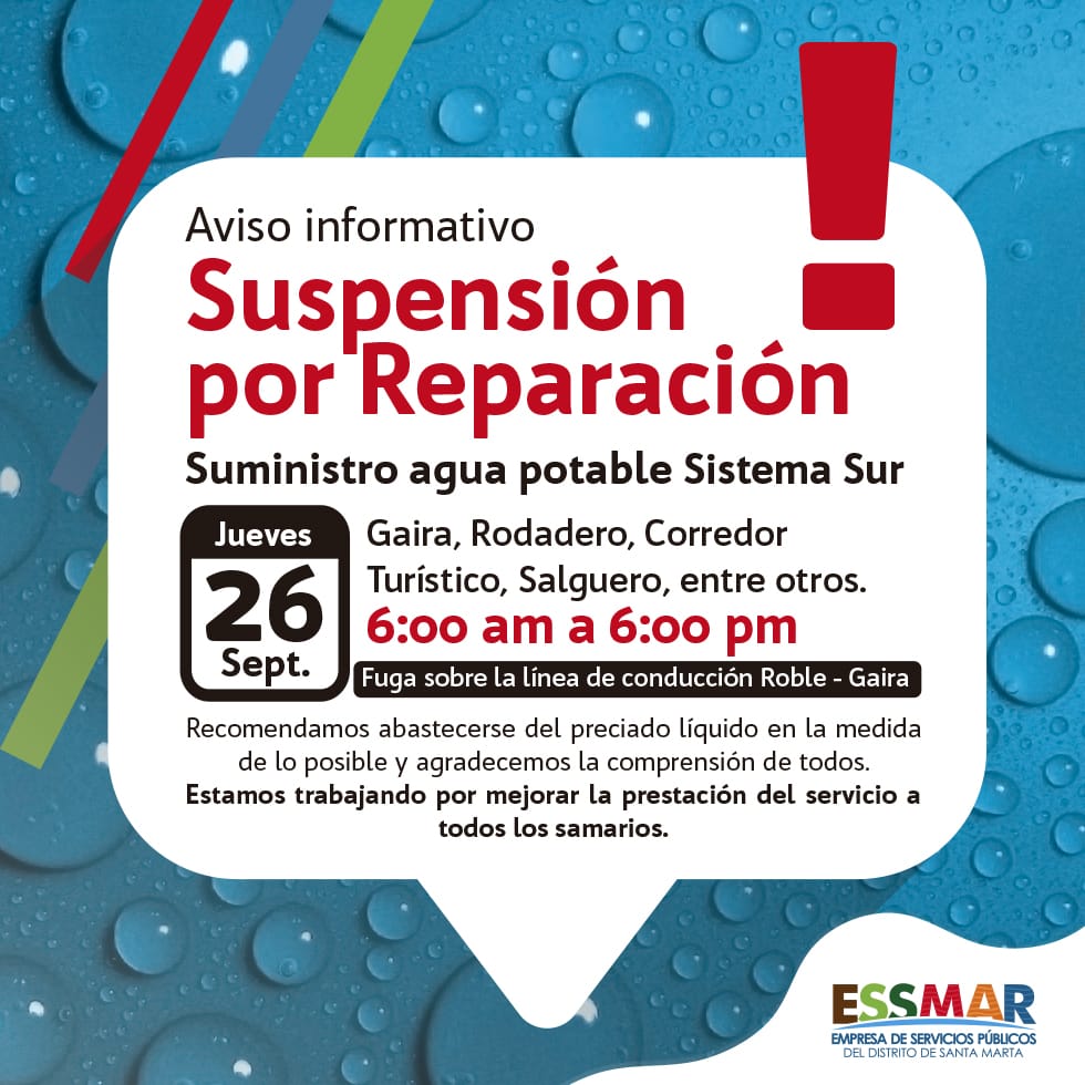 Suspensión del suministro de agua potable en el sistema sur